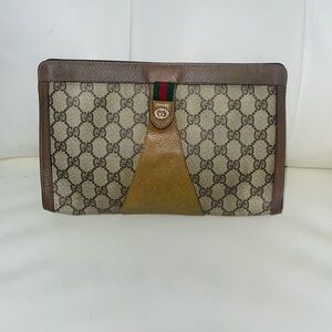 Authentic Gucci Large Monogram Canvas Pouch with Brown and Tan Accents